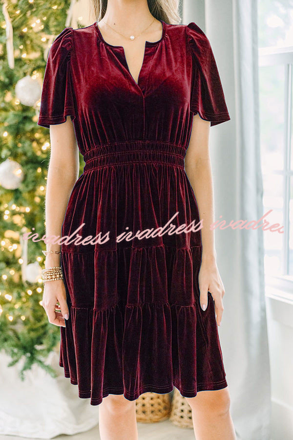 Always Choose Your V-neck Velvet Ruffled Pleated Panel Mini Dress