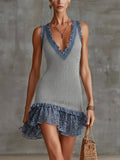 Gray Knit Mini Dress With Ruffled Chiffon Trim