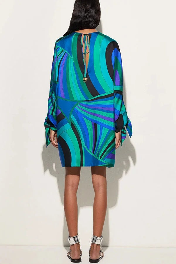 Micah Satin Unique Print Slit Tie-up Sleeve Shift Kaftan Mini Dress