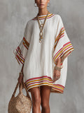 White Boho Striped Trim Kaftan Linen Mini Dress