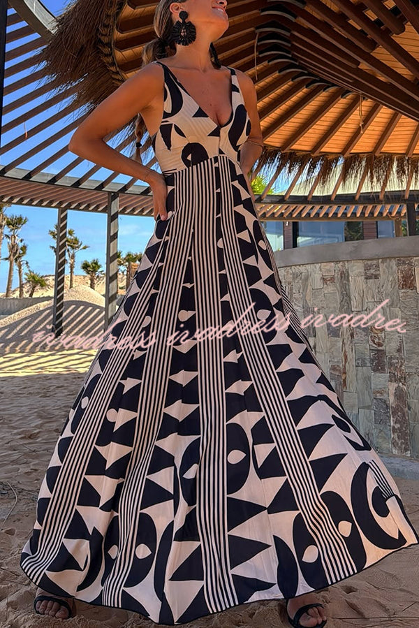 Sabine Geometric Print V-Neck Back Smocked A-line Maxi Dress
