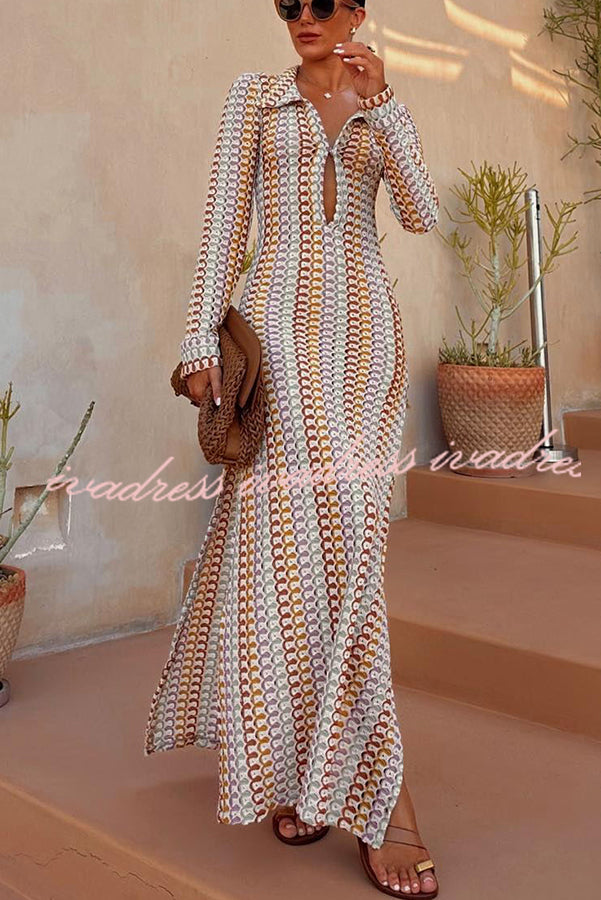 Bondi Beach Knit Colorful Wave Print Long Sleeve Vacation Maxi Dress