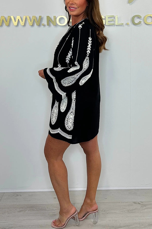 Fashionable Embroidered Pattern V-Neck Trumpet Sleeve Loose Mini Dress