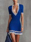 Royal Blue Ribbed Knit Mini Dress With Lace Trim And Deep V Neck