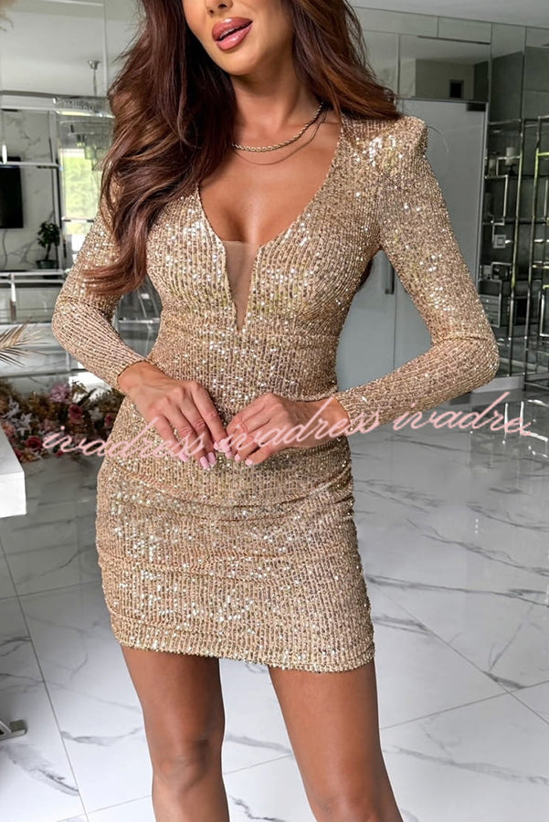 Dreamy and Dazzling Sequin Mesh V-neck Long Sleeve Ruched Stretch Mini Dress
