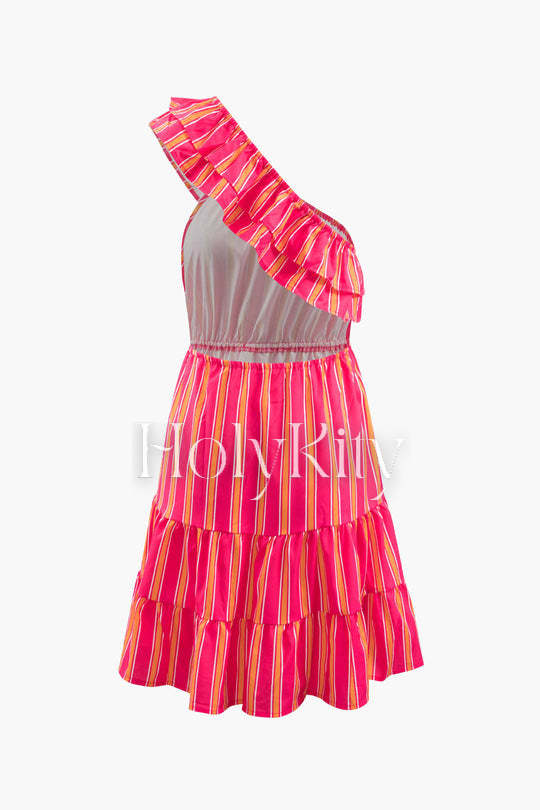 Contrast Stripe One Shoulder Backless Mini Dress
