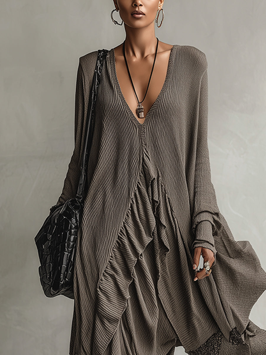 Gray Draped Deep V-Neck Maxi Dress With Lace Trim