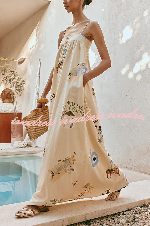 Linen Blend Sling Backless Loose Holiday Maxi Dress