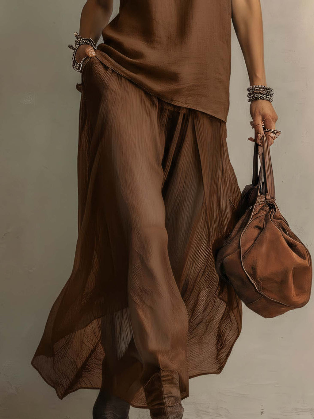 Brown Cotton-Linen Chiffon Patchwork Maxi Dress With Tie Neck