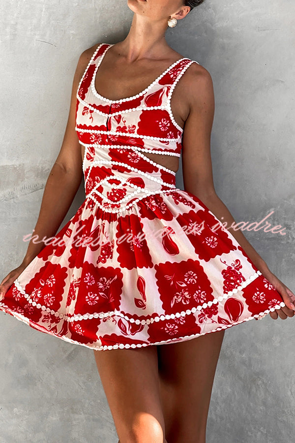 Holiday Colors Ric Rac Trims Unique Print Cutout Round Neck Mini Dress