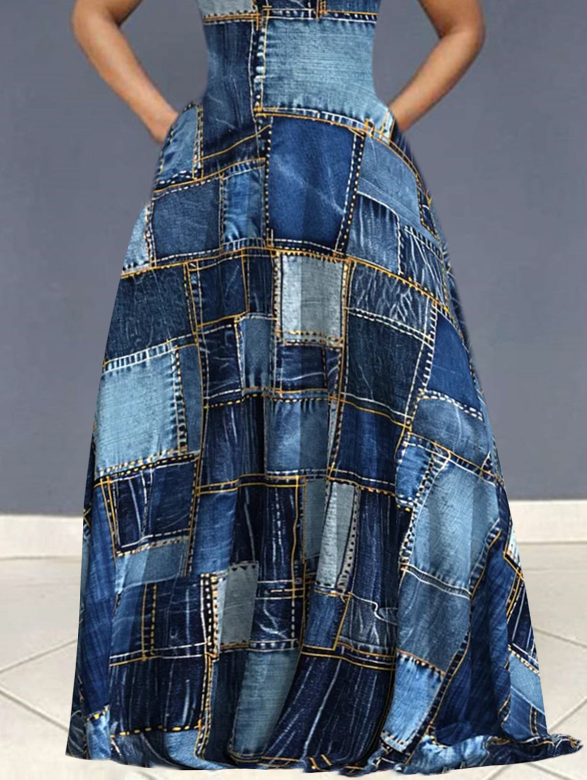 sheenchic Denim Allover Pattern V Neck Sleeveless Maxi Dress