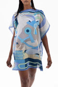 Horse Island Tulle Unique Print One Shoulder Button Detail Loose Cover-up Mini Dress
