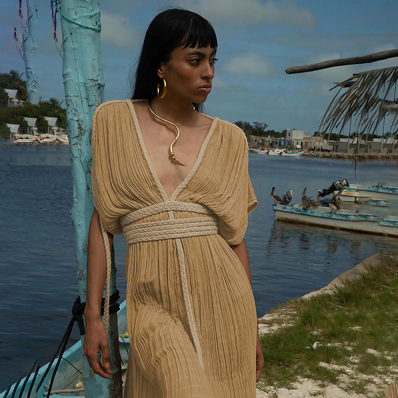 Off Shoulder Halter Maxi Dress(With Belt)