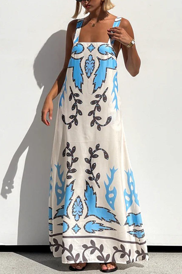 Unique Print Square Neck Open Back Lace-Up Loose Maxi Dress