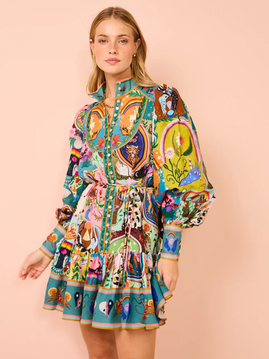 Lace up Printed Lantern Long Sleeve Mini Dress