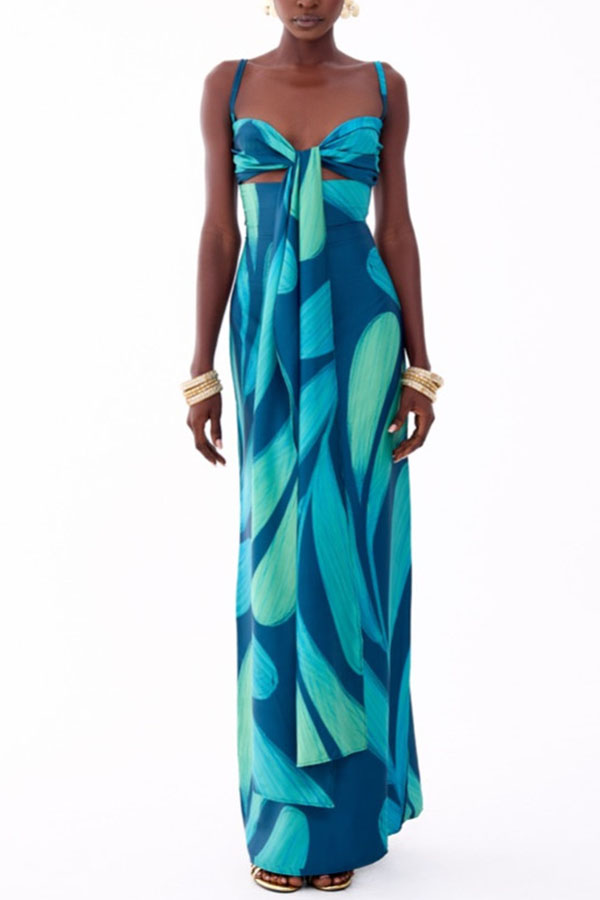 Verona Satin Leaf Pattern Front Tie-up Cutout Slip Drape Maxi Dress