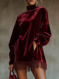 sheenchic Party Burgundy High Collar Long Sleeve Strappy Elegant Pocket Velvet Mini Dresses
