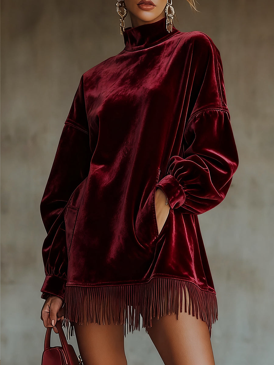 sheenchic Party Burgundy High Collar Long Sleeve Strappy Elegant Pocket Velvet Mini Dresses