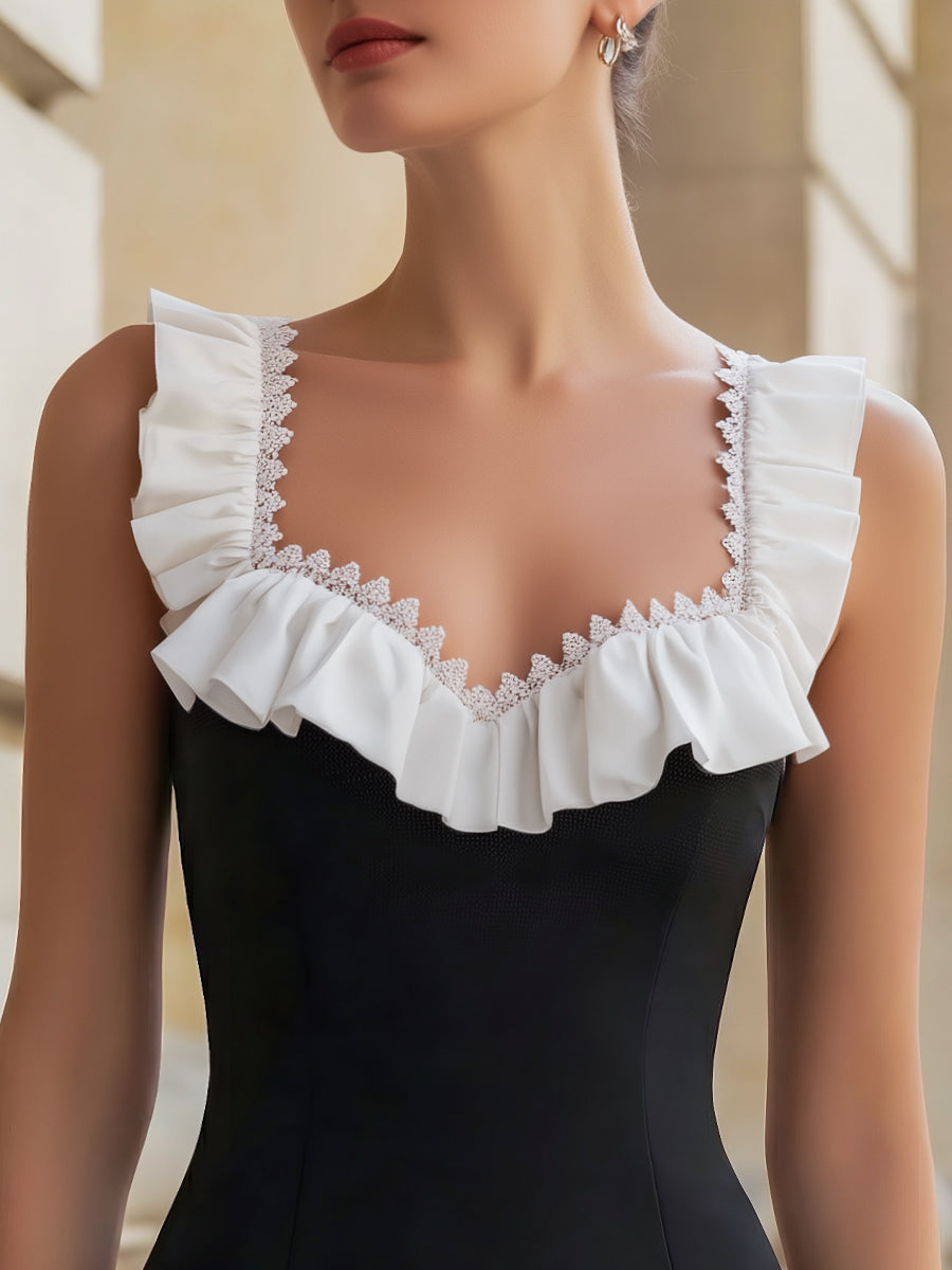Square-Neck Mini Dress With Contrast Ruffle Trim