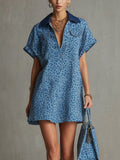 Blue Leopard Print Linen Mini Shirt Dress With Contrast Collar