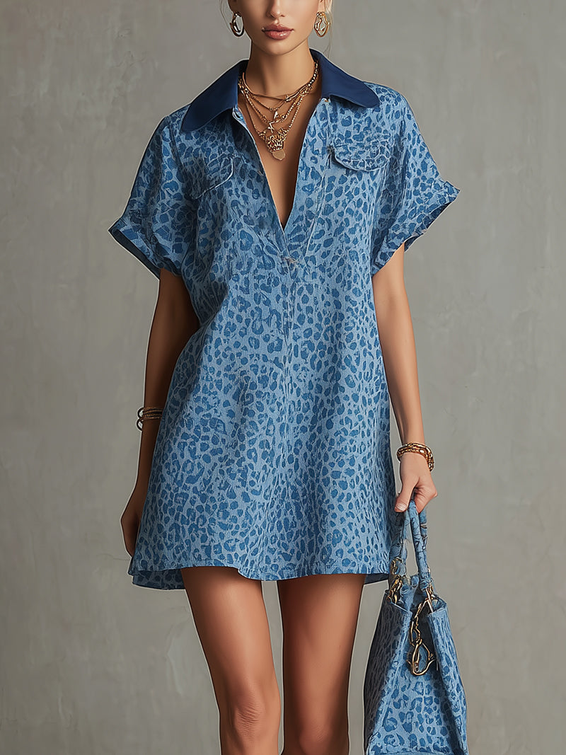 Blue Leopard Print Linen Mini Shirt Dress With Contrast Collar