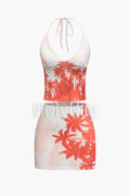 Coconut Tree Print Halter Backless Cami Top And Mini Skirt Set