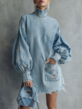 sheenchic Festival Blue High Collar Lantern Sleeve Long Sleeve Trimmings Vintage Ripped Denim Mini Dresses