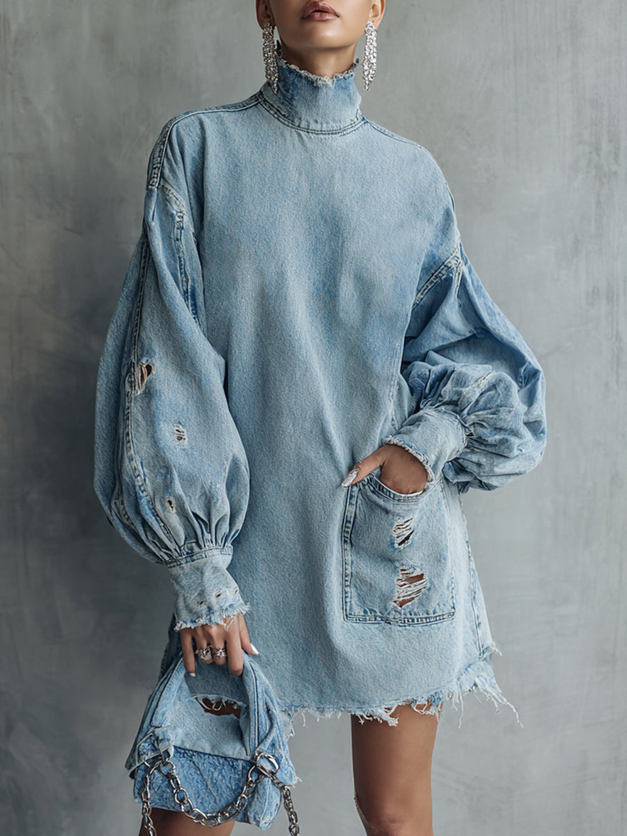 sheenchic Festival Blue High Collar Lantern Sleeve Long Sleeve Trimmings Vintage Ripped Denim Mini Dresses