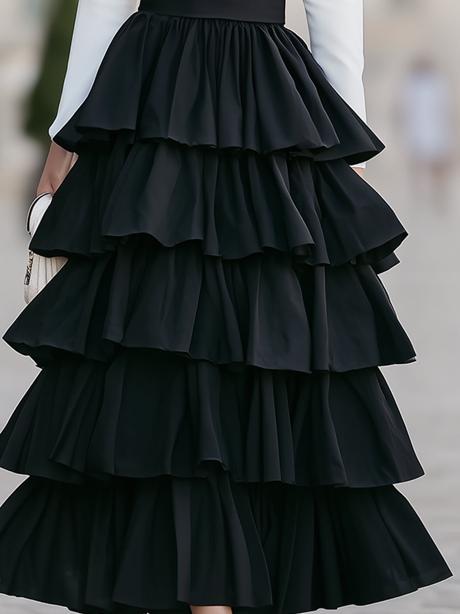 Black & White V-Neck Tiered Ruffle Maxi Dress