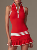 Casual Sporty White Striped Red Lycra Sleeveless Ruffled Mini Dress