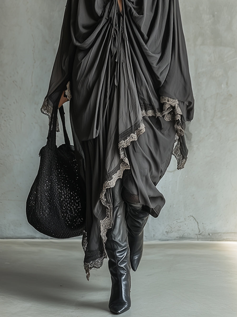 Black Draped Lace Trimmed Tie Waist Maxi Dress