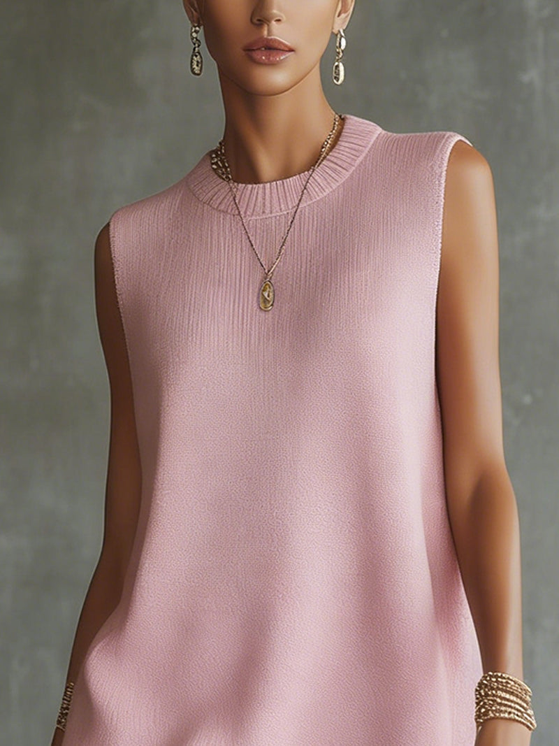 Pink Sleeveless Knit Mini Dress With Fringe Hem