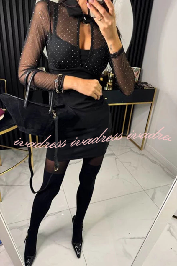 Stevie Mesh Glitter Fabric Cutout Shirt Neck Long Sleeve Stretch Mini Dress
