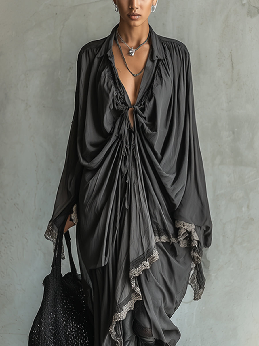 Black Draped Lace Trimmed Tie Waist Maxi Dress
