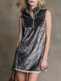Fashionable Retro Lace-trimmed Grey Leopard Print Sleeveless Mini Dress