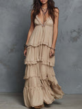 Vintage Layered Ruffle Lace Cotton Linen Maxi Dress