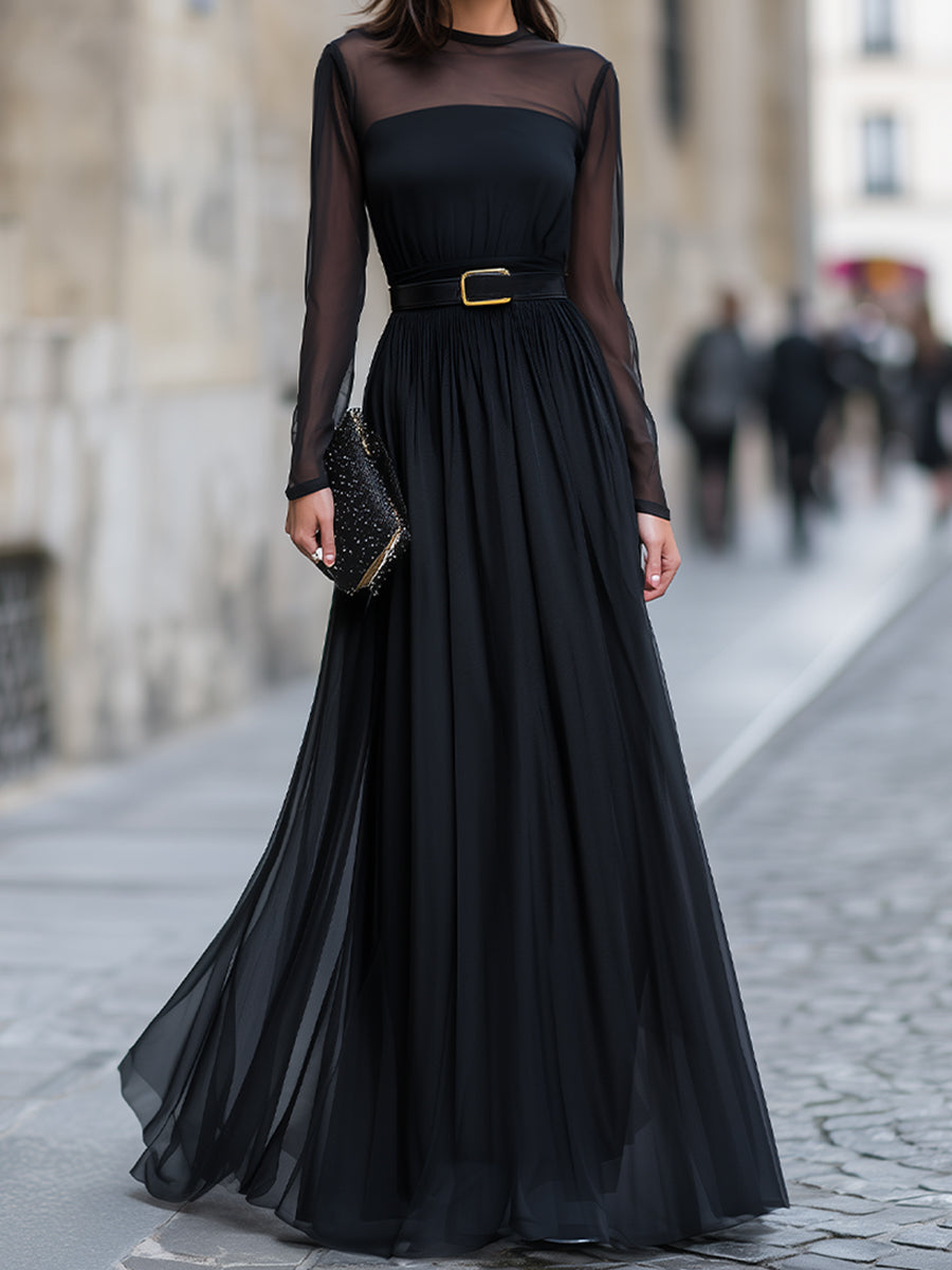 Sheer Long Sleeve Pleated Maxi Dress