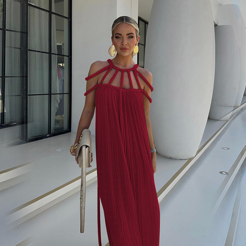 Off Shoulder Halter Maxi Dress(With Belt)
