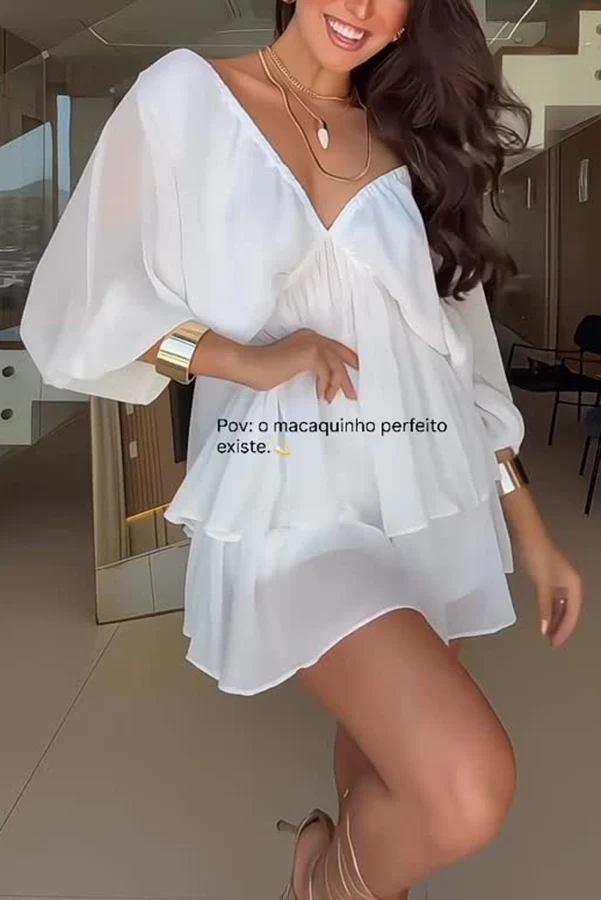 Verne Chiffon Batwing Sleeve Elastic High Waist Layered Hem Loose Mini Dress
