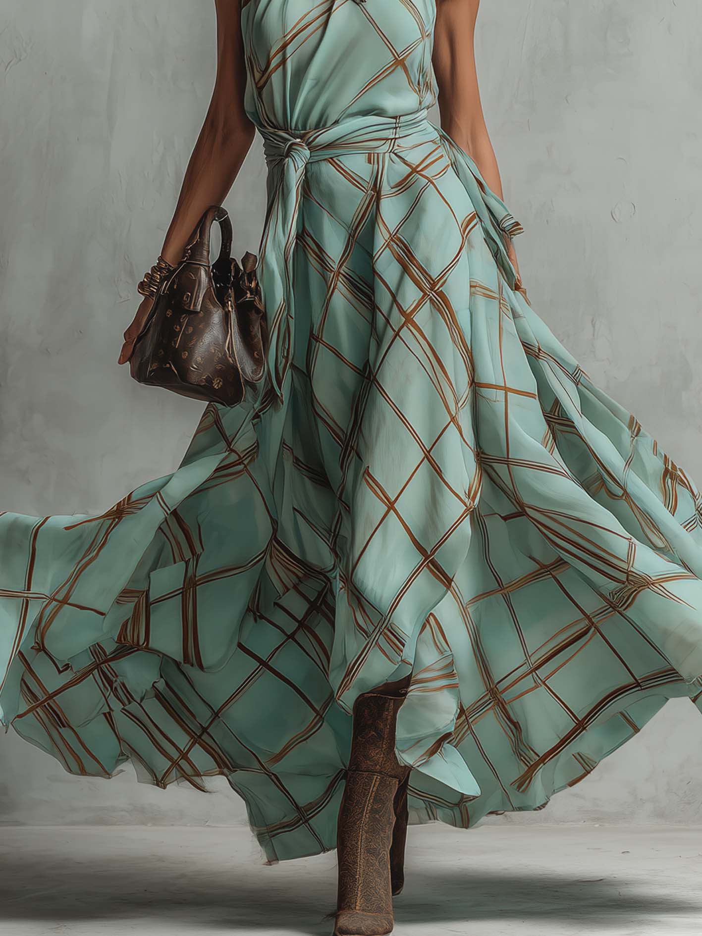 Mint Green Chiffon Plaid Maxi Dress