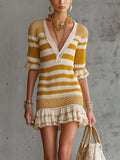 Yellow And White Striped Knit Mini Dress With Ruffled Hem