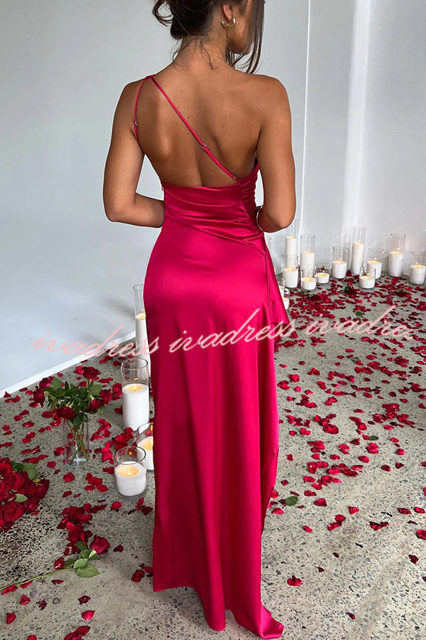 Fits Your Curves Satin One Shoulder Drape Slit Maxi Dress