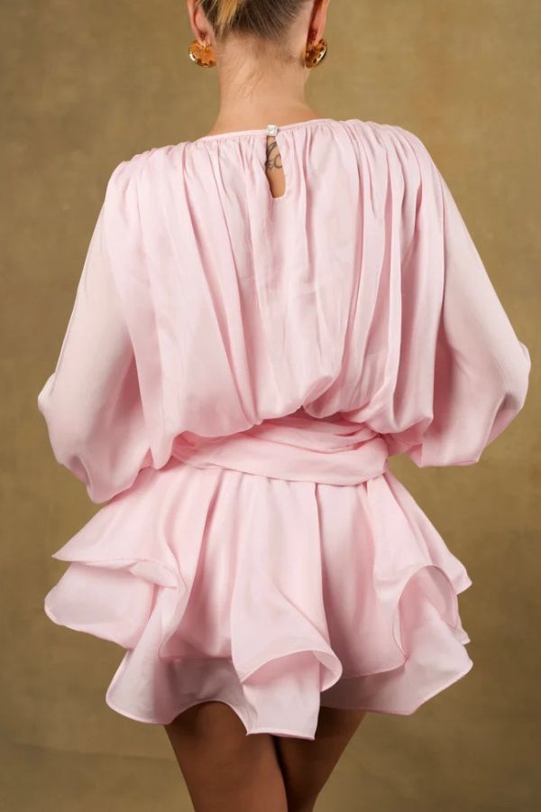 Solid Color Long Sleeve V-Neck Lace-Up Elegant Flower Decorated Mini Dress