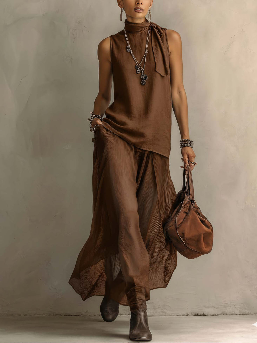 Brown Cotton-Linen Chiffon Patchwork Maxi Dress With Tie Neck