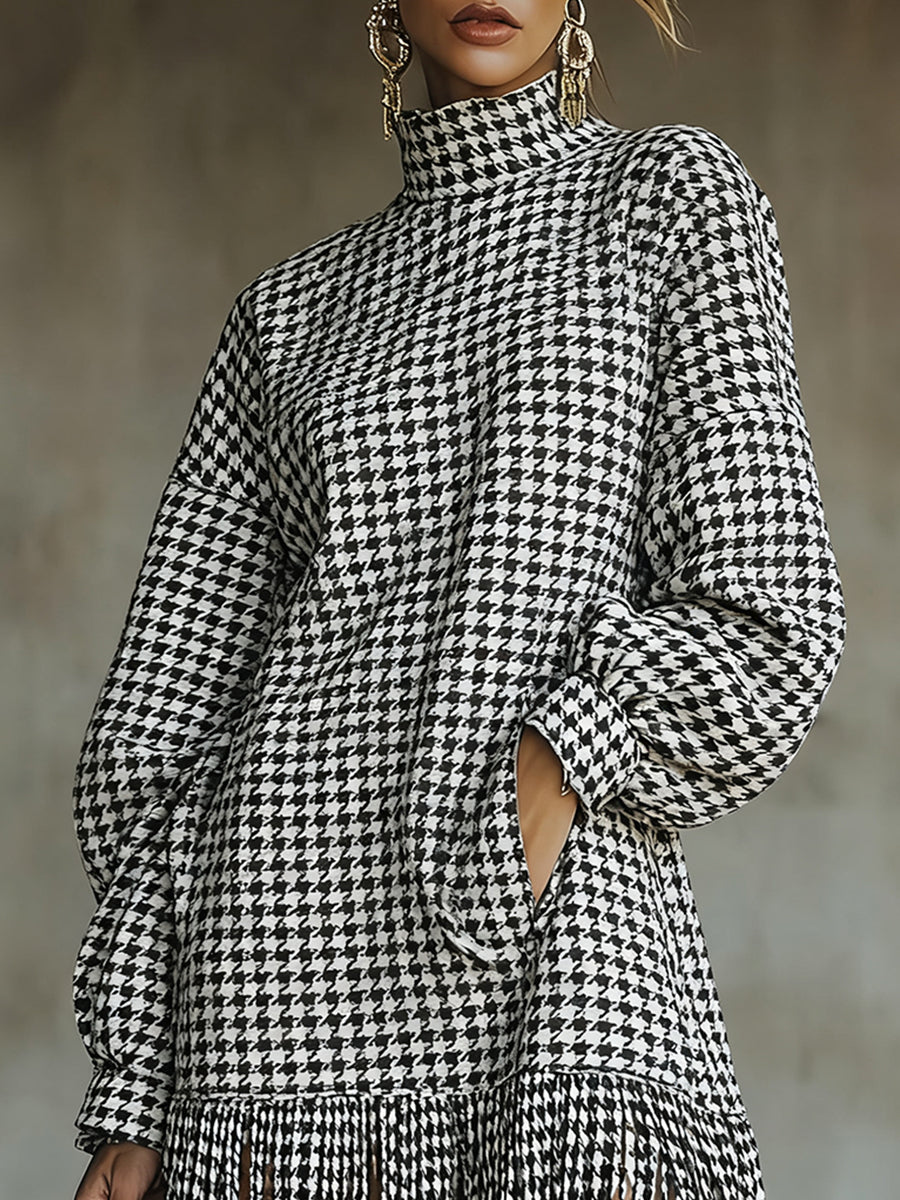 sheenchic Daily Black Houndstooth High Collar Lantern Sleeve Long Sleeve Strappy Casual Pocket Mini Dresses