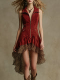 Western Retro Leopard Print Chiffon Ruffled Red Faux Suede Mini Dress