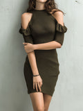 Olive Cold Shoulder Ribbed Knit Mini Dress With Ruffled Trim