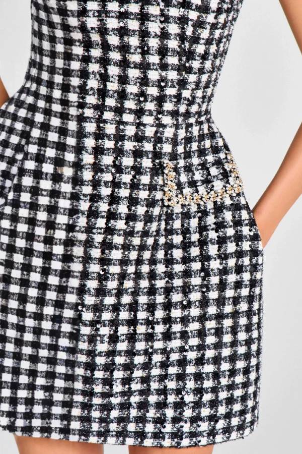 Round-neck beaded plaid Chanel-style mini dress