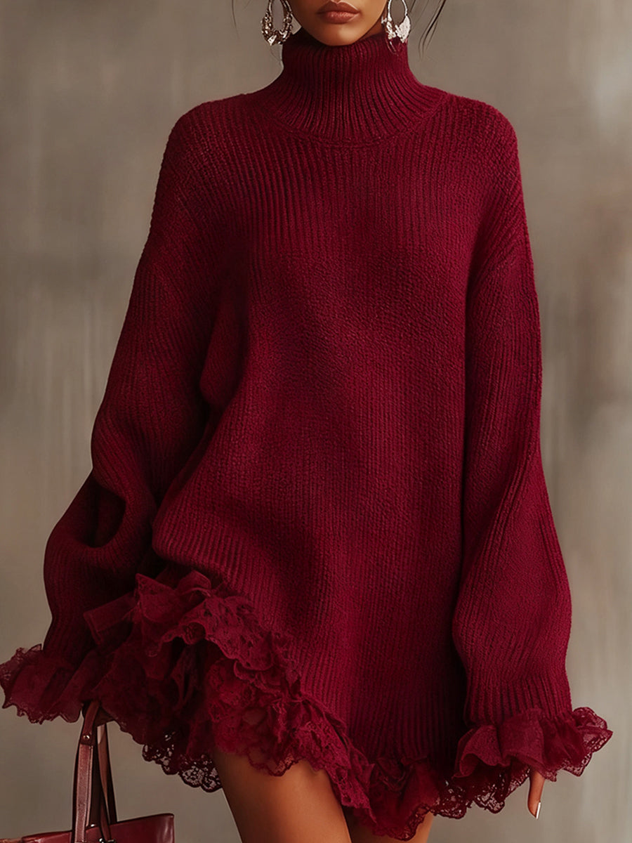 sheenchic Party Lace Burgundy High Collar Long Sleeve Ruffle Vintage Contrast Knitted Mini Dresses