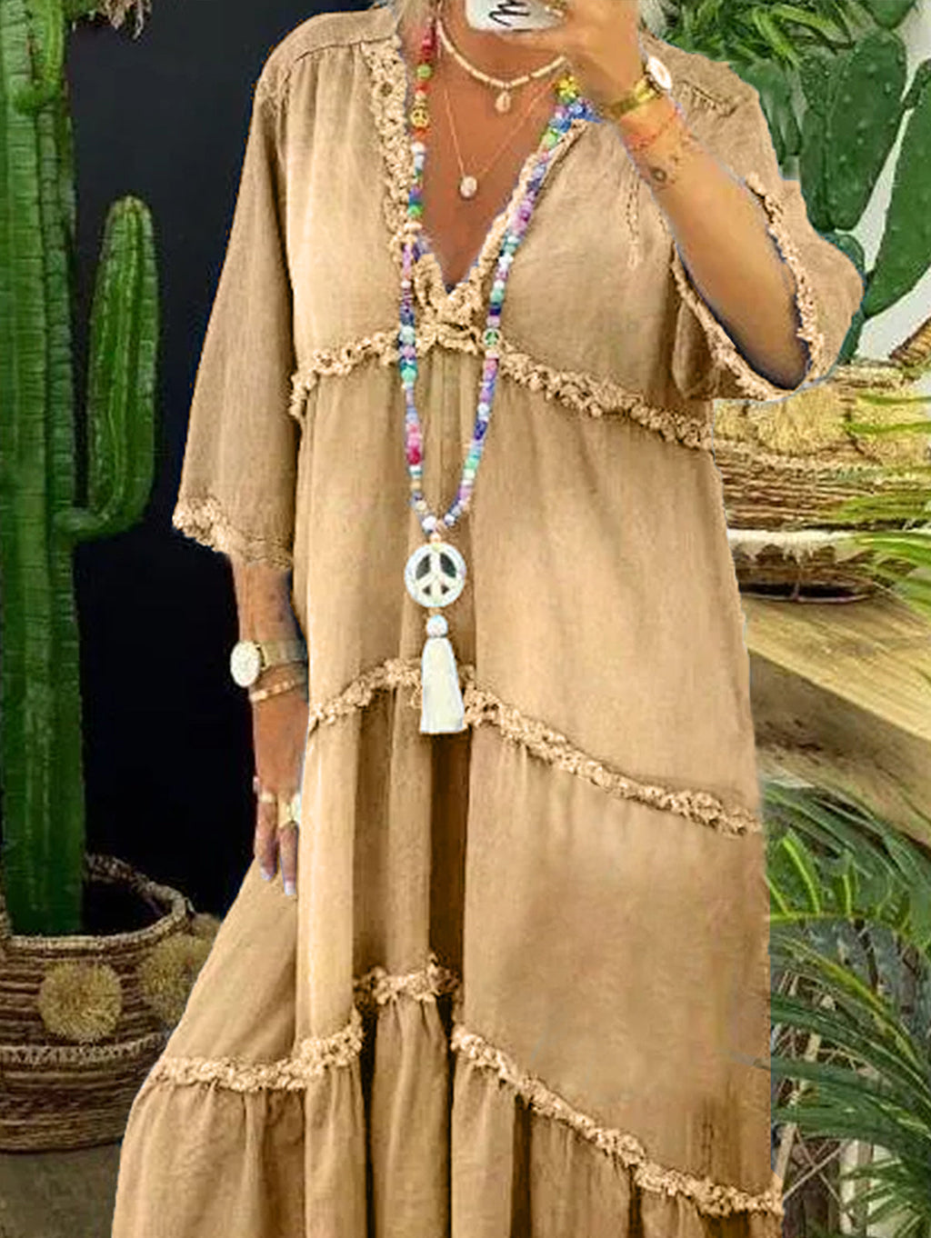 sheenchic V Neck Tiered 3/4 Sleeve Raw Edge Maxi Dress